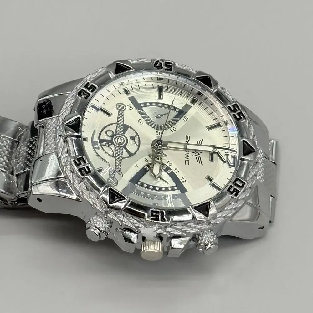 Zhowe Men's Silver Tone Quartz Wristwatch Chronograph Look Textured Bezel New
